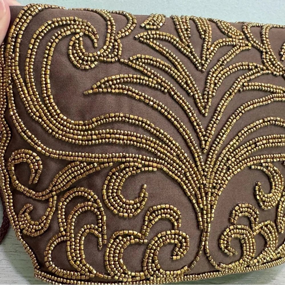 Vintage Walbaeg Beaded Brown Satin Evening Bag Dressy Formal Purse Crossbody‎